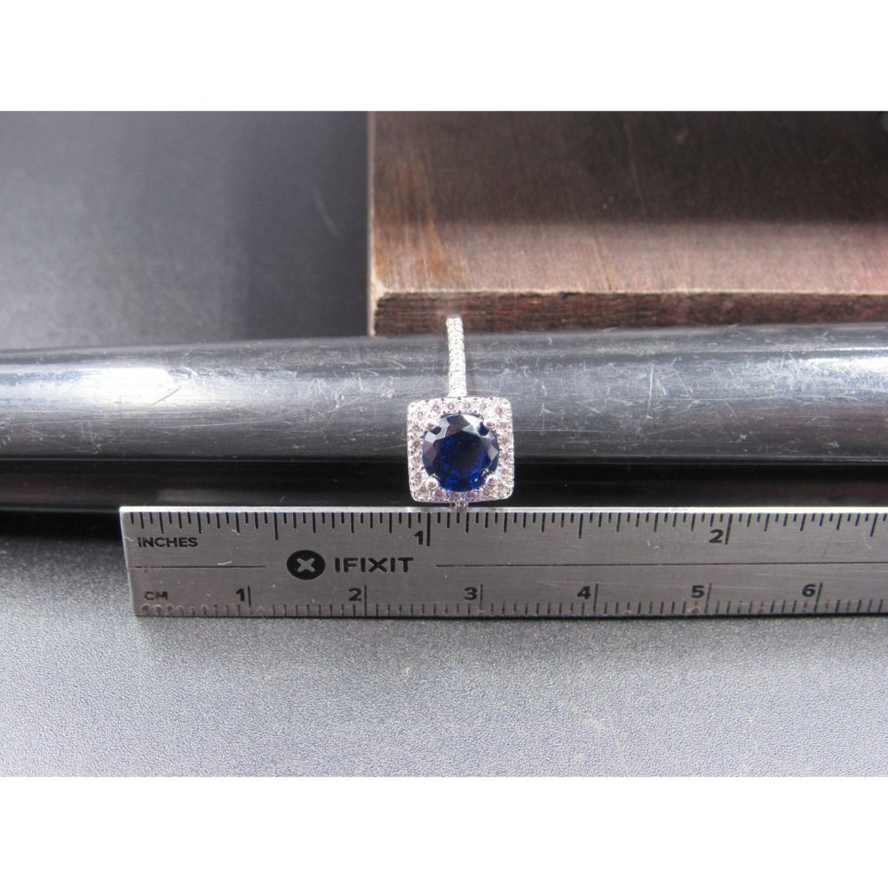 Size 7 Sterling Silver Round Blue Round Cubic Zirconia Halo Band Ring - Picture 8 of 9